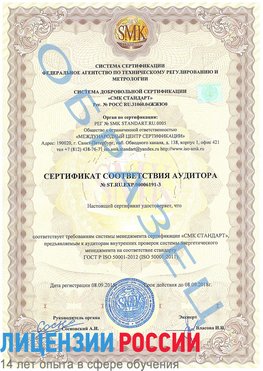 Образец сертификата соответствия аудитора №ST.RU.EXP.00006191-3 Ленск Сертификат ISO 50001
